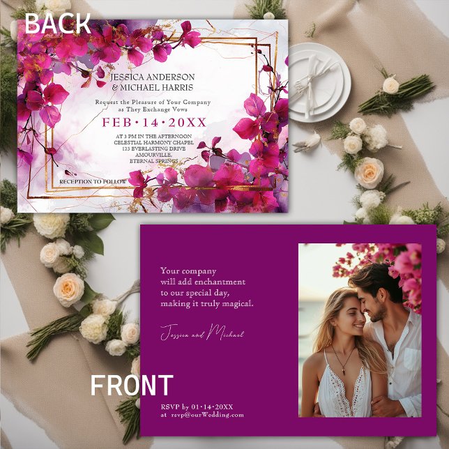 Convite Com a foto Fuchsia Enchantment: Casamento por Aqua (With photo Fuchsia Enchantment: Watercolor Wedding Invitation)