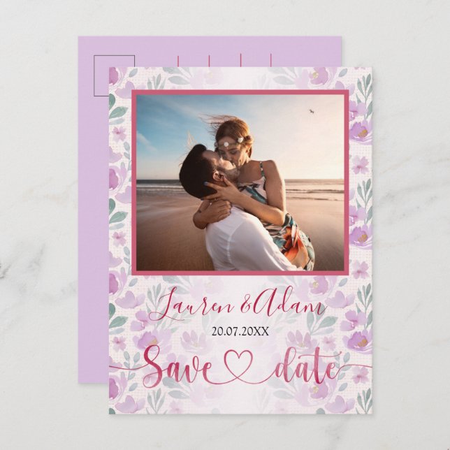 Convite com Aquarela Floral Ombre Rosa e Roxo (Frente/Verso)