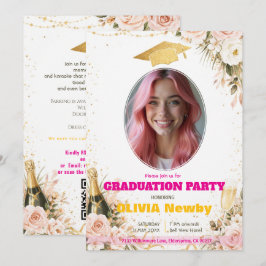 Convite 🎓Com código QR Festa Cor-de-Rosa e Floral Grad