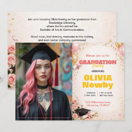 Convite 🎓Com código QR Horizontal Floral Rosa e Dourado