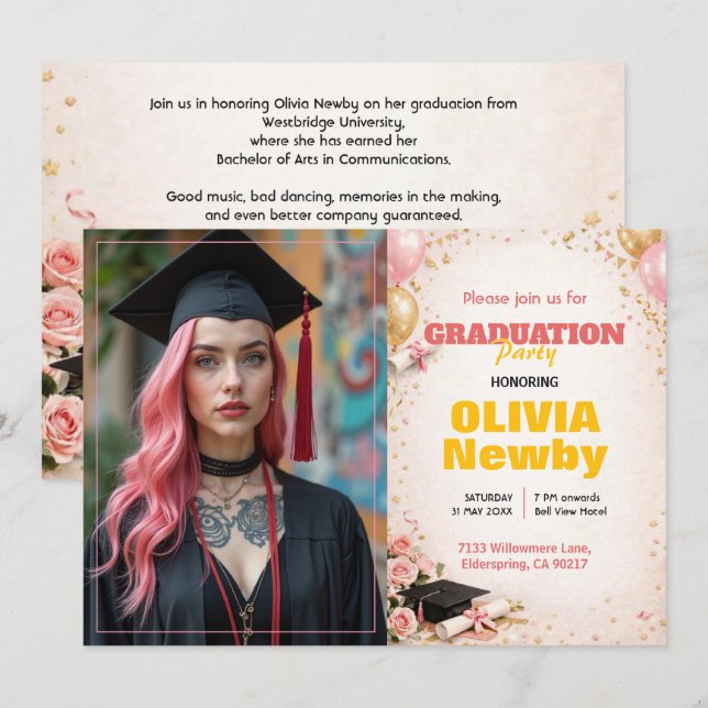 Convite 🎓Com código QR Horizontal Floral Rosa e Dourado (Frente/Verso)