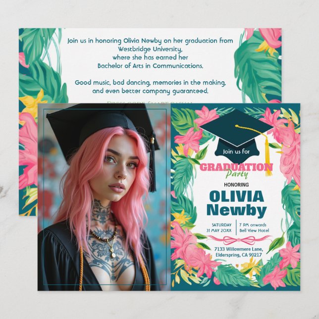 Convite 🎓Com código QR Tropical Bloom Foto Única (Frente/Verso)