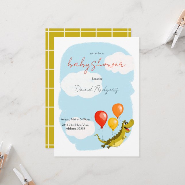 Convite com crocodilo para chás de fraldas (Frente/Verso In Situ)