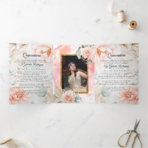 Convite Com Dobra Tripla 2 Foto Quinceanera Inglês Espanhol Rosa Coral
