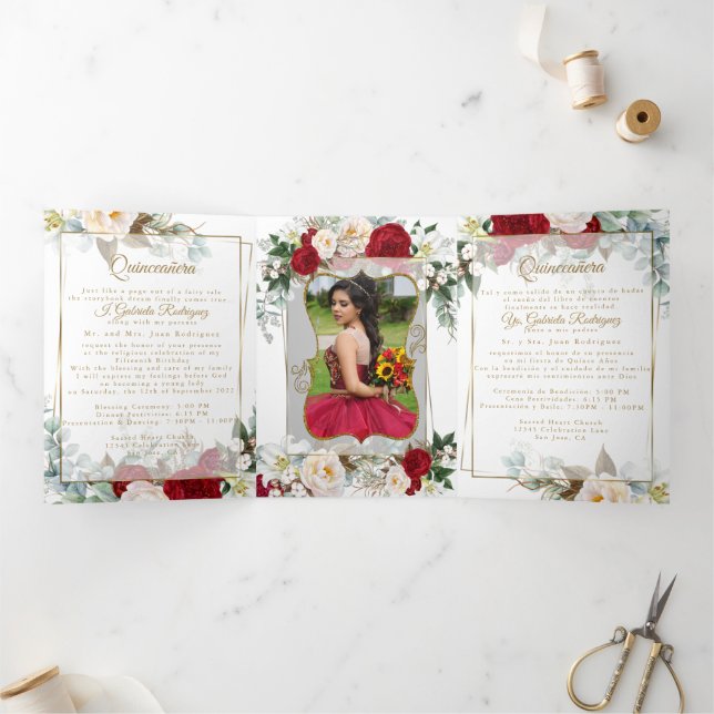 Convite Com Dobra Tripla 2 Foto Rosa Vermelha Peônia Mis Quince Anos Convit (Dentro)