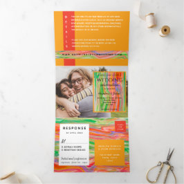 Convite Com Dobra Tripla 3 em 1 Casamento de Foto Laranja