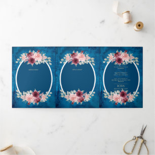 Convite Com Dobra Tripla 6pg Invitaciones de Boda, Blue Burgundy Floral Tri