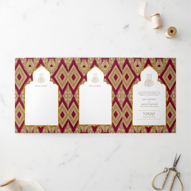 Convite Com Dobra Tripla 6pg NIKAH WALIMAH White Red Dourado Ornamentado Tr (Fora)