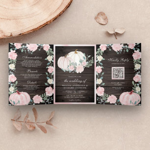Convite Com Dobra Tripla Abóbora Floral Rosa Bege Código QR Casamento de Ma