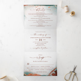 Convite Com Dobra Tripla Abstrato de Moderno Watercolor Terra Cotta Casamen