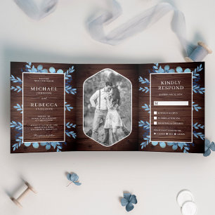 Convite Com Dobra Tripla Água Azul Floral Foto Madeira Casamento