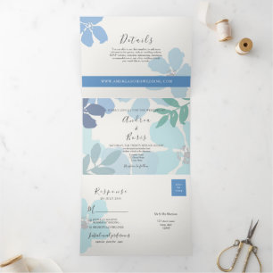 Convite Com Dobra Tripla Água-forte Floral Boho Azul Empoeirado Casamento