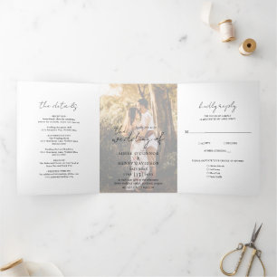 Convite Com Dobra Tripla Aimee Rustic Script Modern Wedding