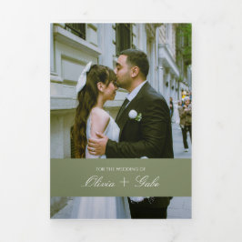 Convite Com Dobra Tripla All in One Sage Green French Floral w QR Wedding