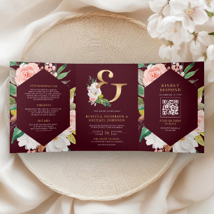 Convite Com Dobra Tripla Ampersand Floral Rosa Código QR Casamento Burgundy