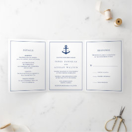 Convite Com Dobra Tripla Âncora Monograma Azul Marinho Casamento Náutico El