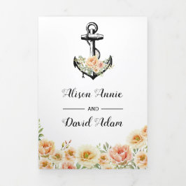 Convite Com Dobra Tripla Âncora vintage flores aquarela casamento náutico