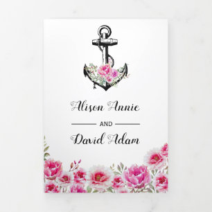 Convite Com Dobra Tripla Âncora vintage flores cor-de-rosa casamento náutic