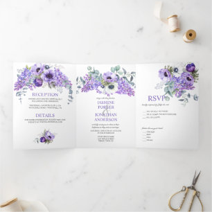 Convite Com Dobra Tripla Anêmonas púrpura e branca, Lilases púrpuras