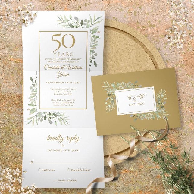 Convite Com Dobra Tripla Aniversário de 50 anos de casamento - Bodas de Our (50th Golden Anniversary Wedding Greenery Floral Tri-Fold Invitation)