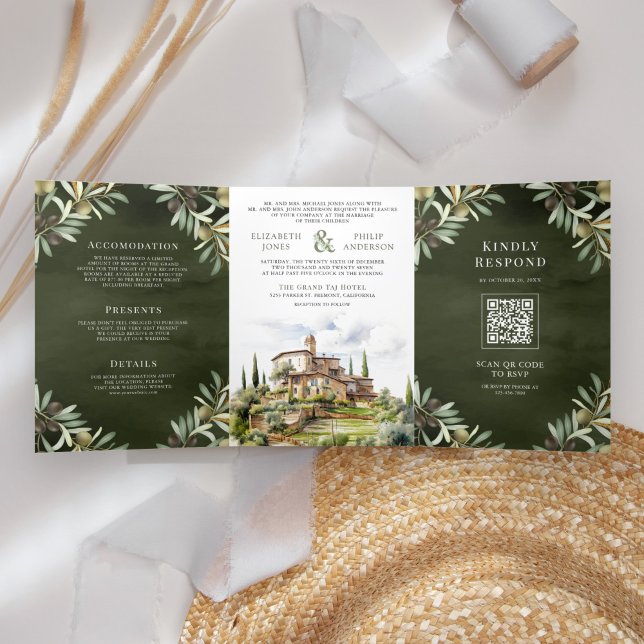 Convite Com Dobra Tripla Aquarela do Olival Toscana Itália Casamento (Criador carregado)