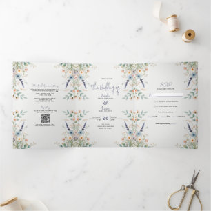 Convite Com Dobra Tripla Aquarela Floral Flores Silvestres Casamento de Pri