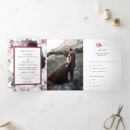 Convite Com Dobra Tripla Aquarela Romântica | Boho Wedding