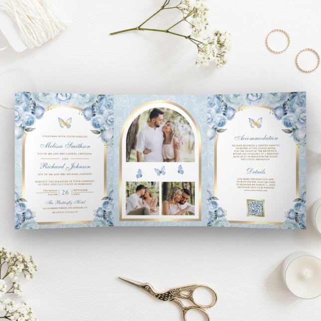 Convite Com Dobra Tripla Arco Borboleta Casamento Floral Azul Macio Dourado (Criador carregado)