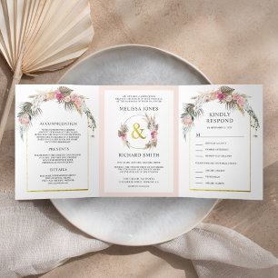 Convite Com Dobra Tripla Arco de Casamento Boho Pampas Floral Rosa Cor-de-R