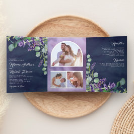 Convite Com Dobra Tripla Arco de Fotos de Eucalipto Lavanda Casamento Azul 