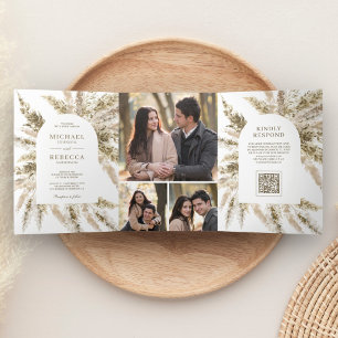 Convite Com Dobra Tripla Arco de Grama Seca Boho Pampas Código QR Foto Casa