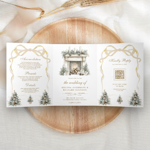 Convite Com Dobra Tripla Arco de Natal Dourado de marfim Casamento de Códig