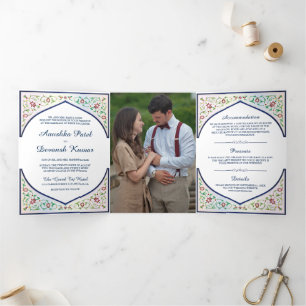 Convite Com Dobra Tripla Arco Floral Ornamental Azul Étnico Casamento India