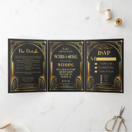 Convite Com Dobra Tripla Art Deco Nouveau Wedding