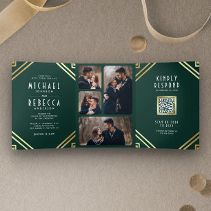 Convite Com Dobra Tripla Arte Deco Geométrico Código QR Casamento Esmeralda