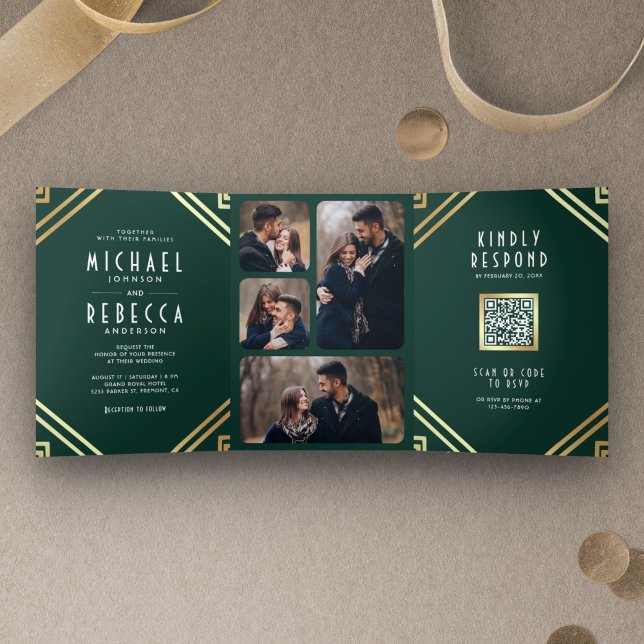 Convite Com Dobra Tripla Arte Deco Geométrico Código QR Casamento Esmeralda (Criador carregado)