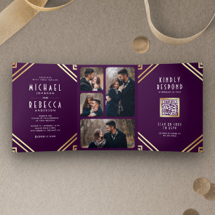 Convite Com Dobra Tripla Arte Geométrica Art Déco Código QR Roxo Dourado Ca