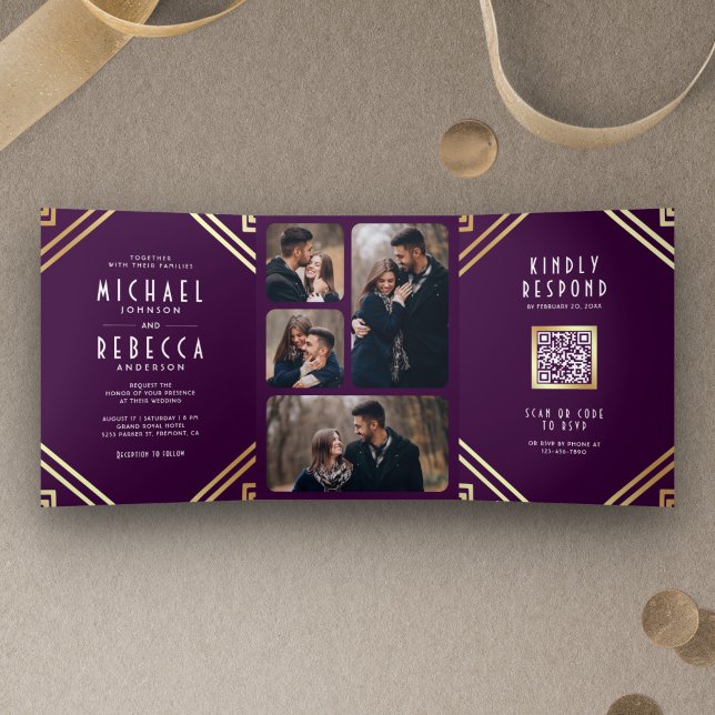 Convite Com Dobra Tripla Arte Geométrica Art Déco Código QR Roxo Dourado Ca (Criador carregado)