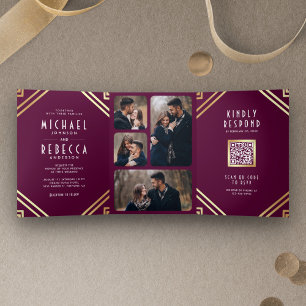 Convite Com Dobra Tripla Arte Geométrica Deco Código QR Plum Dourado Casame