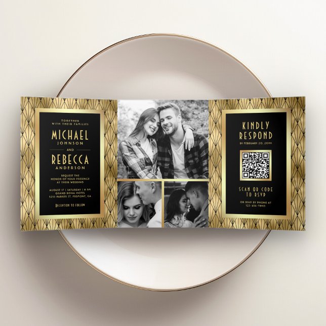Convite Com Dobra Tripla Arte Geométrico Art Déco Código QR Preto Dourado C (Criador carregado)