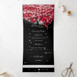 Convite Com Dobra Tripla Árvore de Folha de Coração Vermelha e Rosa no Casa