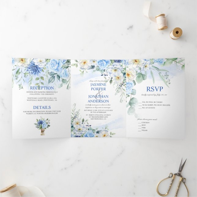 Convite Com Dobra Tripla Azul-claro, Marinho, Branco-Inverno Floral (Dentro)