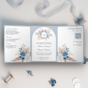 Convite Com Dobra Tripla Azul Empoeirado Floral Boho Pampas Código QR Casam
