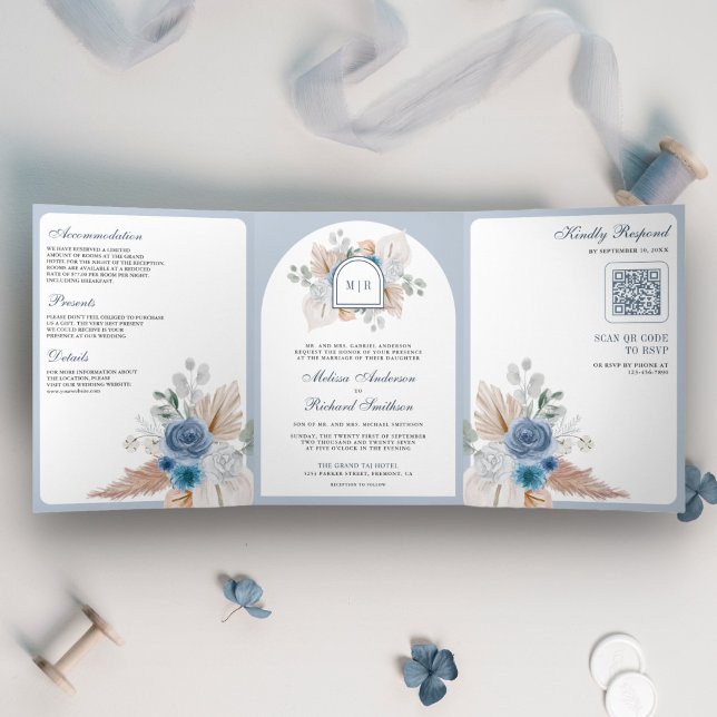 Convite Com Dobra Tripla Azul Empoeirado Floral Boho Pampas Código QR Casam (Criador carregado)