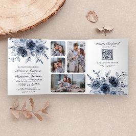 Convite Com Dobra Tripla Azul Empoeirado Floral Tudo em Um Código QR Casame