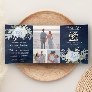 Convite Com Dobra Tripla Azul Floral empoeirado Código QR Casamento Naval