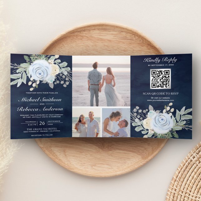 Convite Com Dobra Tripla Azul Floral empoeirado Código QR Casamento Naval (Criador carregado)