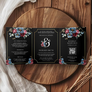 Convite Com Dobra Tripla Azul Marinho Borgonha Floral E Comercial Preto Cas