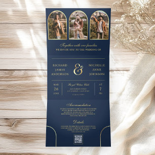 Convite Com Dobra Tripla Azul Marinho Dourado Arco Mínimo Foto Código QR Ca