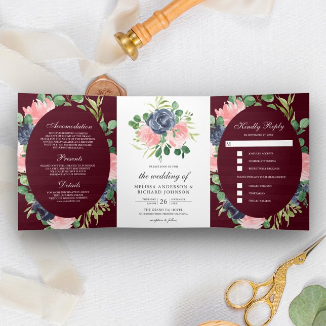 Convite Com Dobra Tripla Azul Marinho e Rosa Floral Borgonha Casamento (Criador carregado)